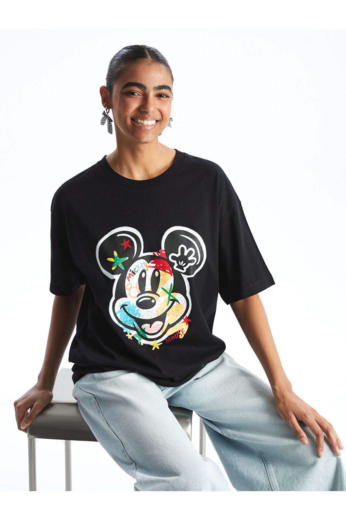 LC Waikiki Bisiklet Yaka Mickey Mouse Baskılı Kadın Tişört