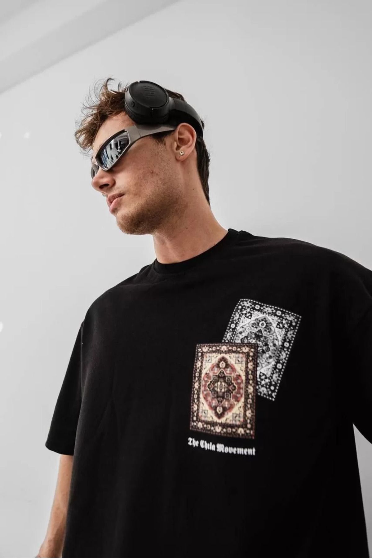 FantaziAtölyesi Erkek Baskılı Oversize T-shirt - Siyah