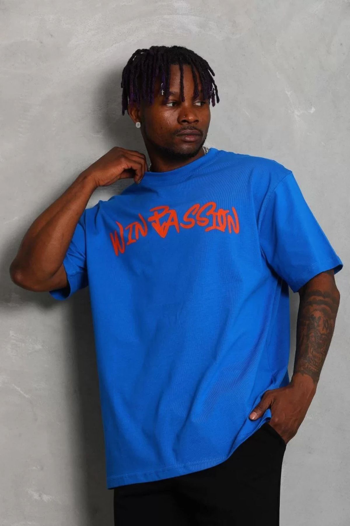 FantaziAtölyesi Unisex Oversize Baskılı Bisiklet Yaka T-Shirt - Mavi