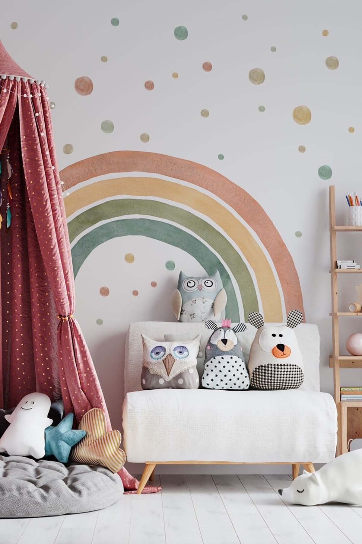 KT Decor Pastel Gökkuşağı ve Puantiyeler Çocuk Odası Duvar Sticker Seti