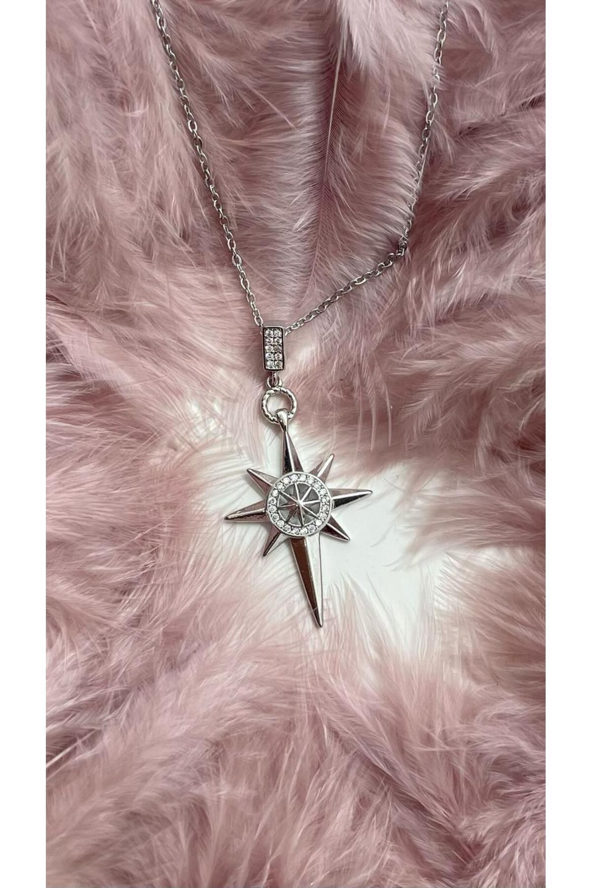 melif accesories Gümüş Renk Zirkon Taş Motifli Kutup Yıldızı Figürlü Çelik Kolye