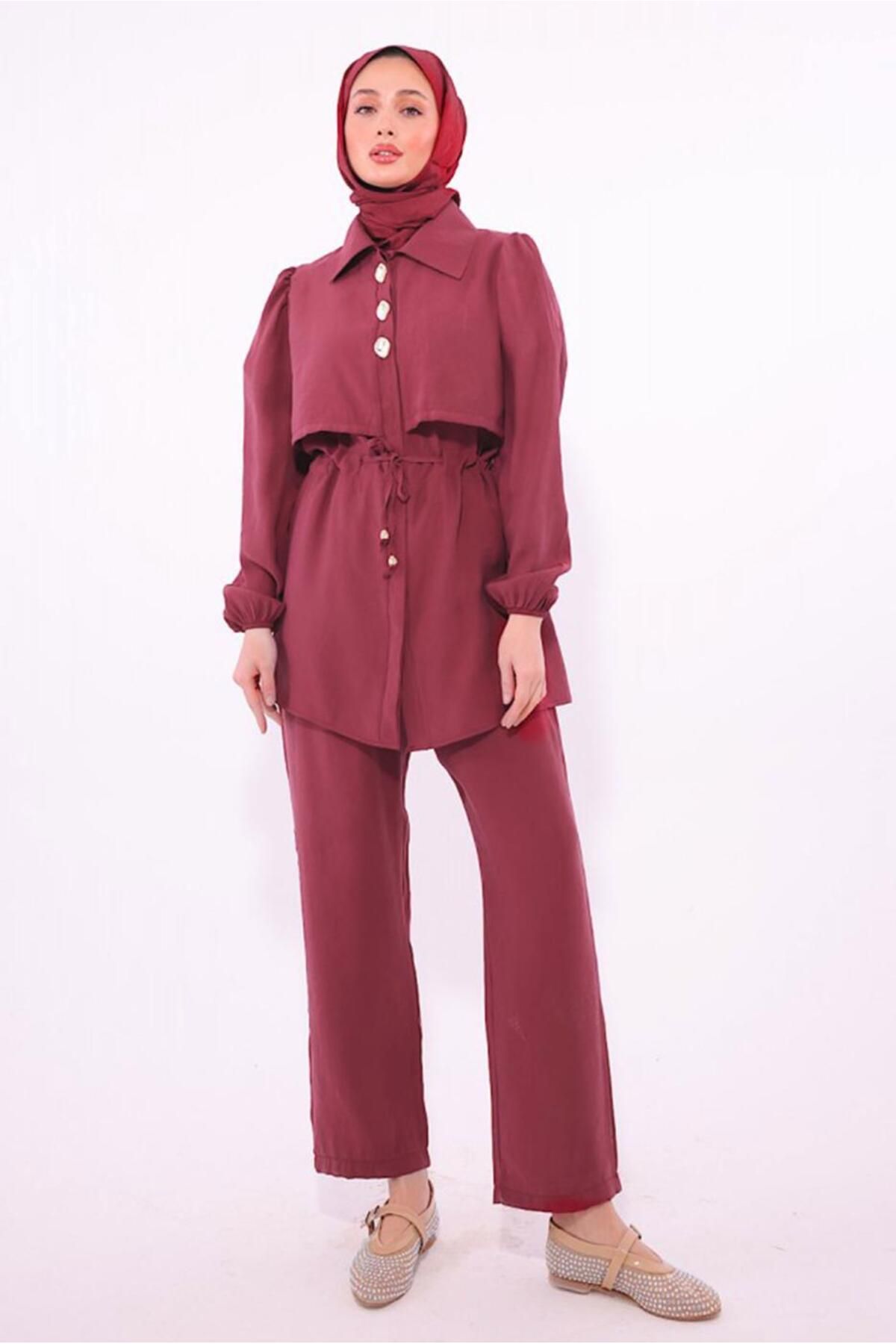 TRENDTESETTÜR KADIN BORDO BELİ BAĞCIKLI PANTOLONLU TAKIM T 8184