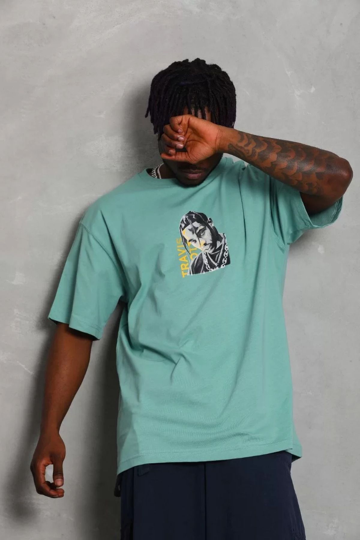 FantaziAtölyesi Unisex Oversize Baskılı Bisiklet Yaka T-Shirt - Mint Yeşili