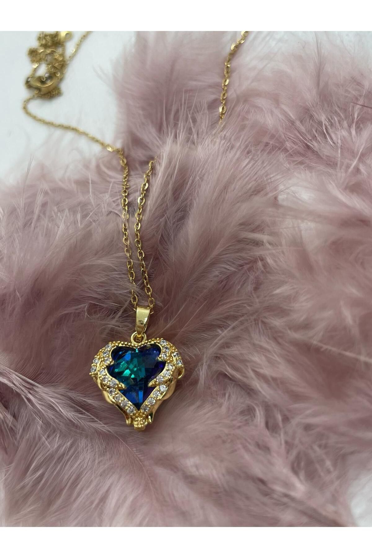 melif accesories Gold Renk Mavi-Mor Renk Değiştirebilen Kalp Motifli Çelik Kolye