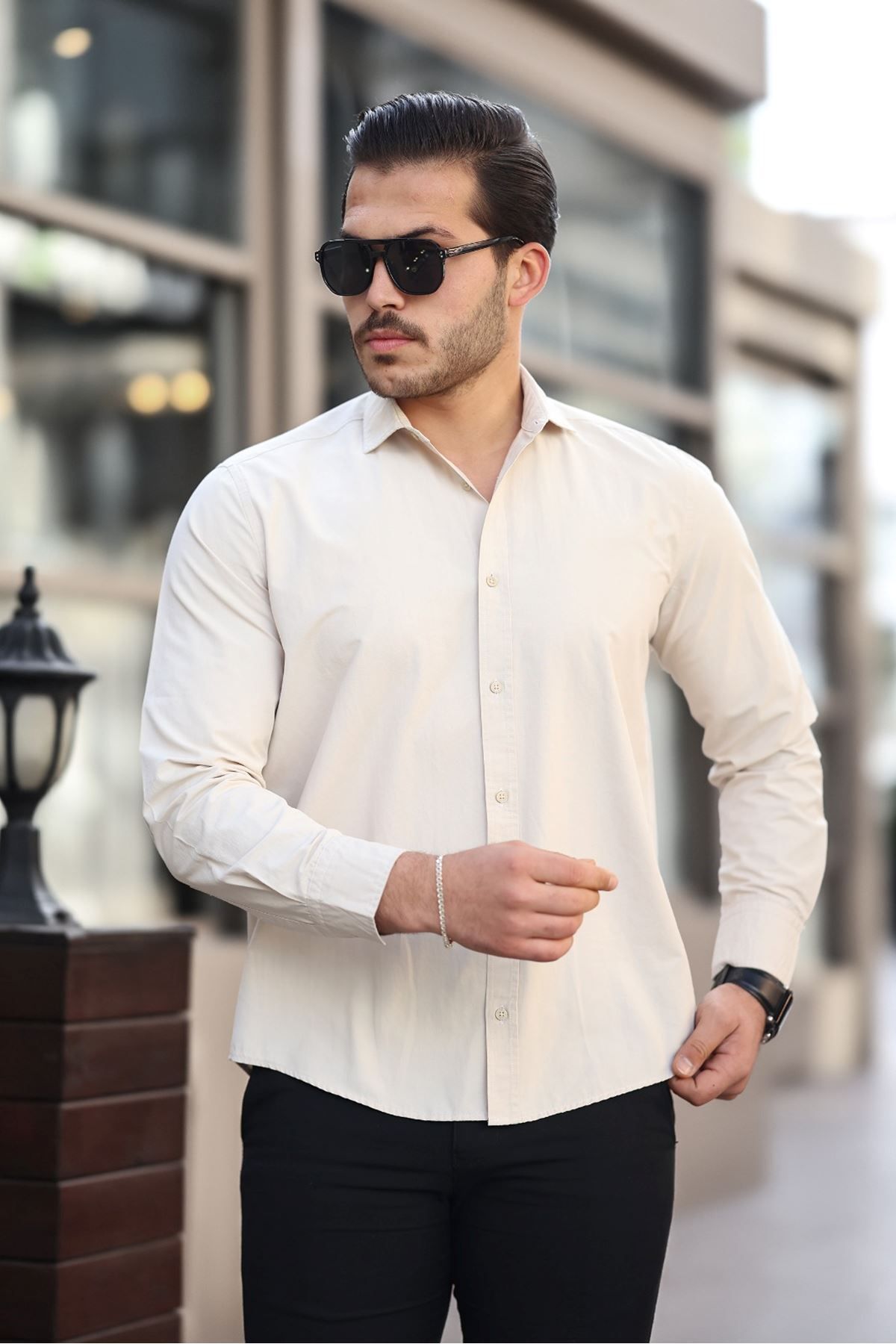 Shop58 Erkek Büyük Beden Taş kejil Casual Pamuk Poplin Kumaş Gömlek