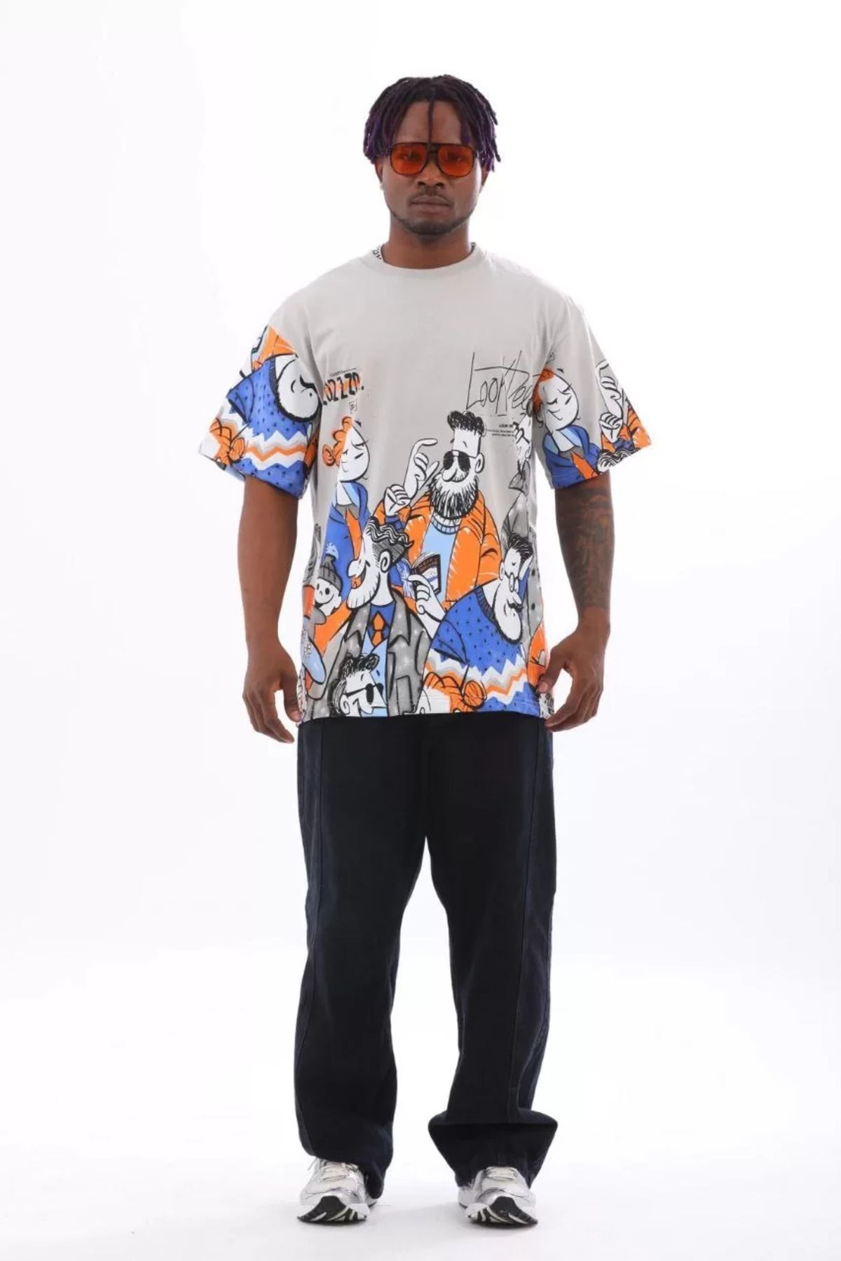 FantaziAtölyesi Unisex Oversize Baskılı Bisiklet Yaka T-Shirt - Gri