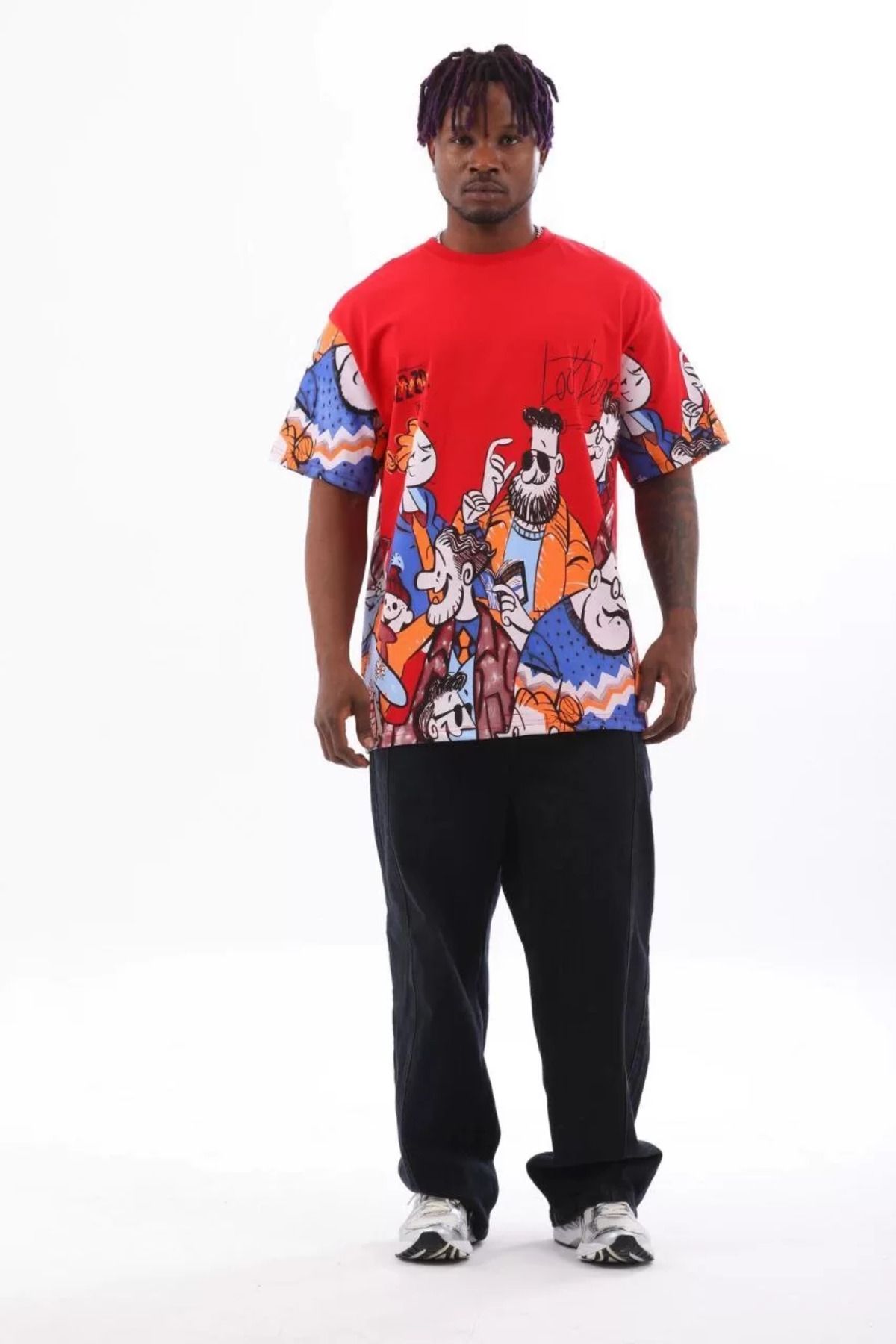 FantaziAtölyesi Unisex Oversize Baskılı Bisiklet Yaka T-Shirt - Kırmızı