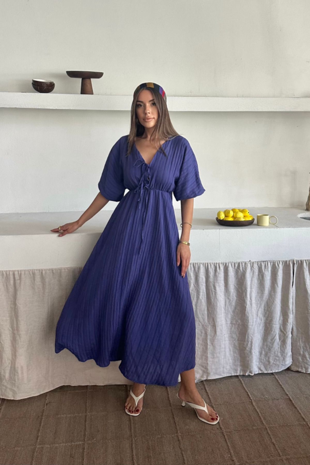 velmorafashion V YAKA DÖKÜMLÜ ELBİSE - Mor
