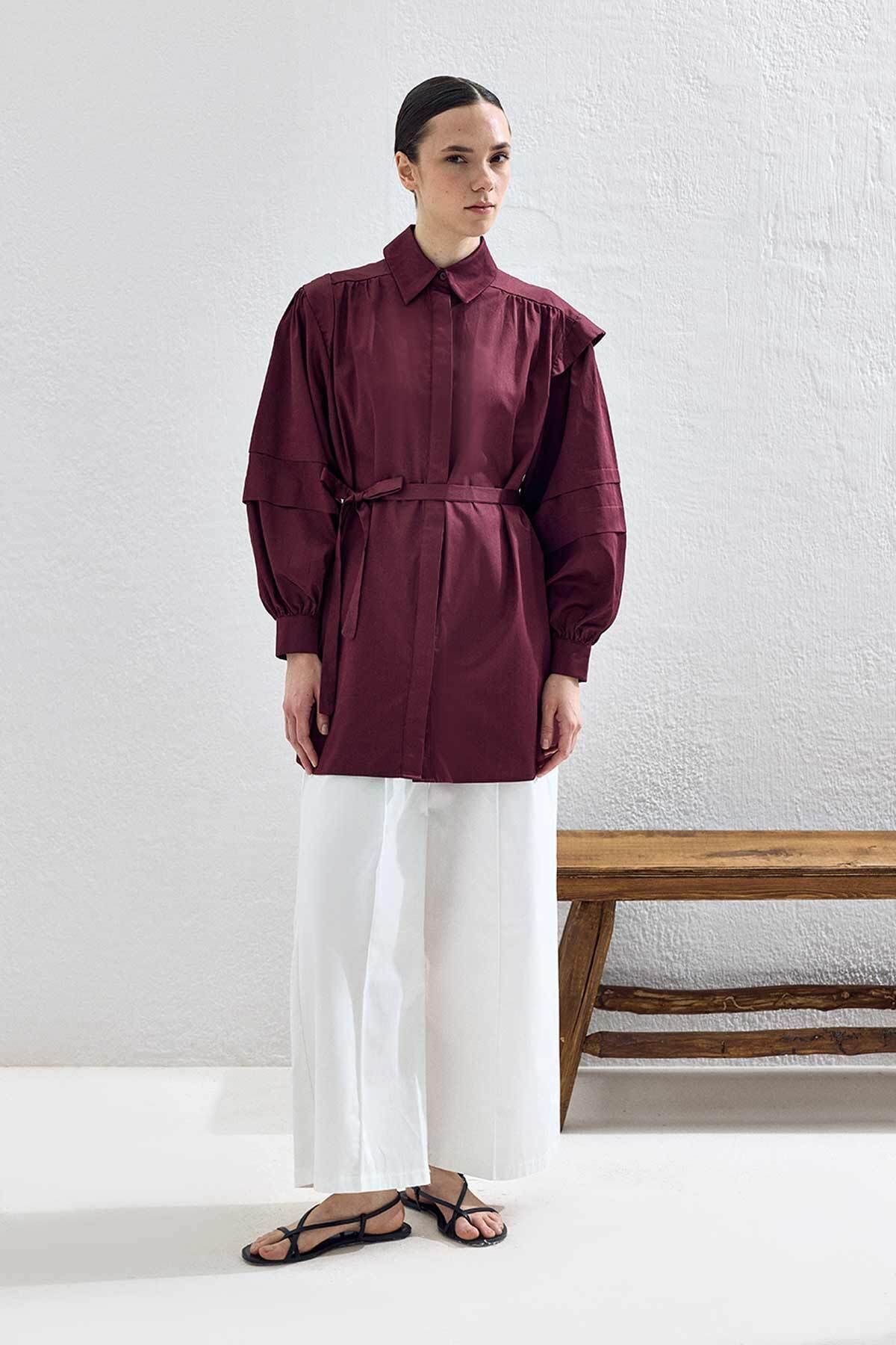 Hooopstore Aller Detaylı Oversize Bordo Gömlek