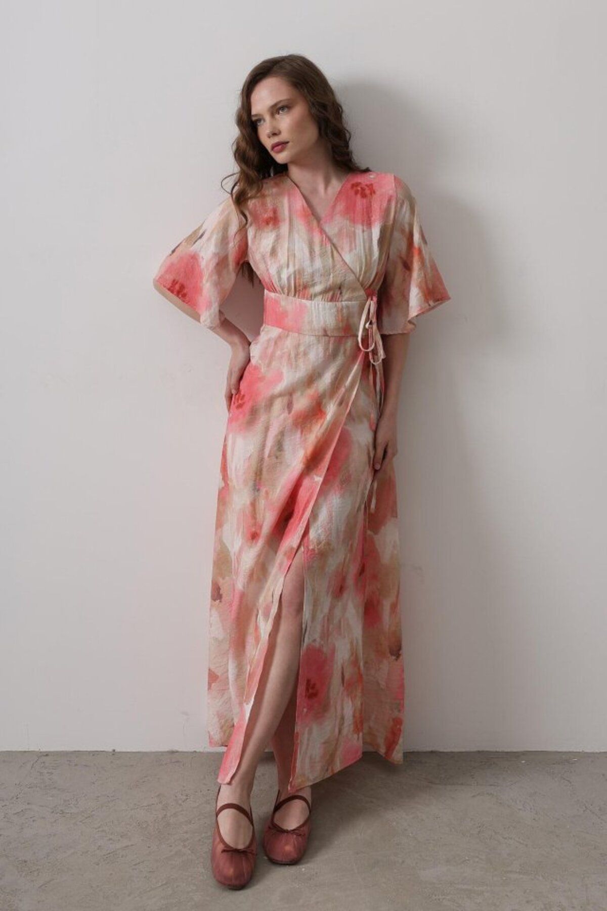 velmorafashion Yandan Bağlamalı Desenli Elbise - Pembe