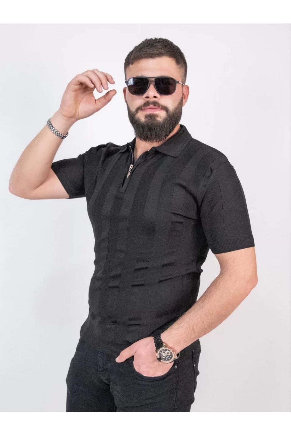 FantaziAtölyesi Triko Dokuma Yarım Fermuarlı Yakalı T-shirt - Siyah