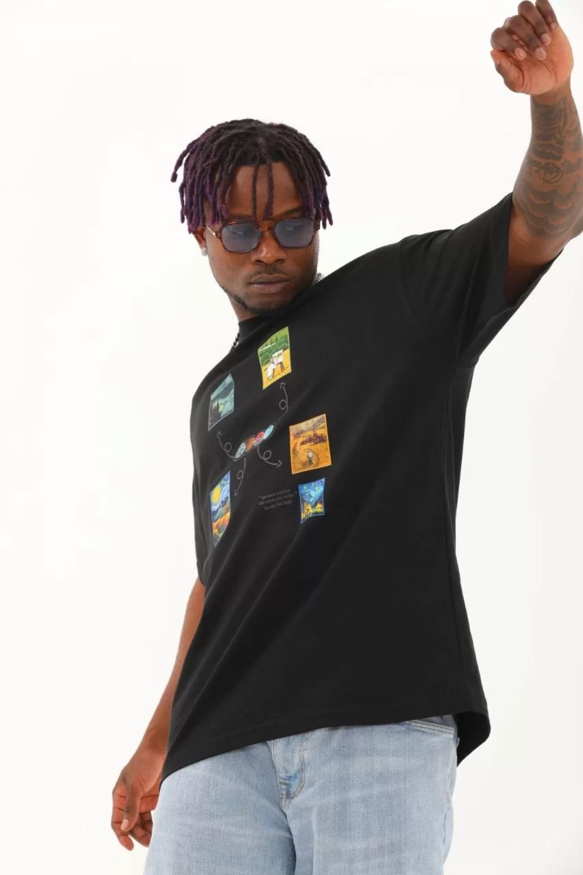 FantaziAtölyesi Unisex Oversize Baskılı Bisiklet Yaka T-Shirt - Siyah