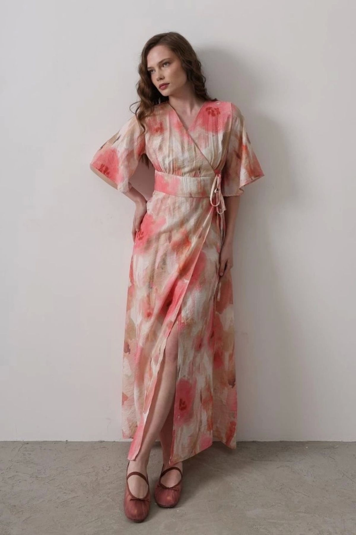 Butik Yandan Bağlamalı Desenli Elbise - Pembe