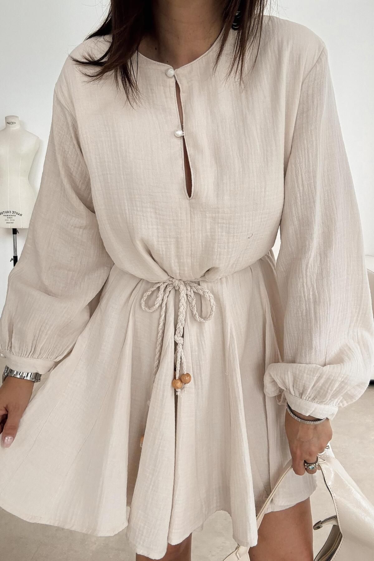 ELVAN TOLON-Muslin Beige Dress 7