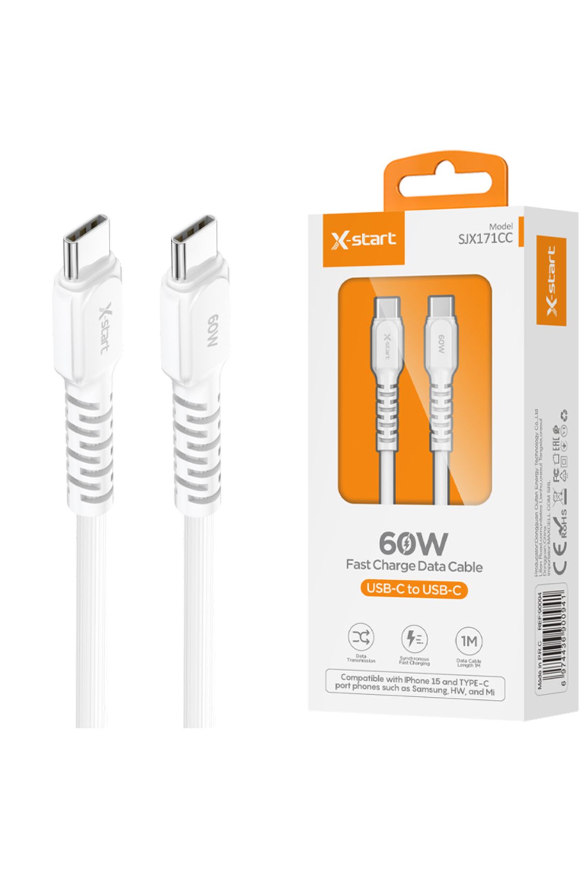 REDz Accessories-Cablu de la tip C la tip C, 1 m, pentru iPhone 15/16 și Android, X-Start SJX171CC, 60 W, alb 1