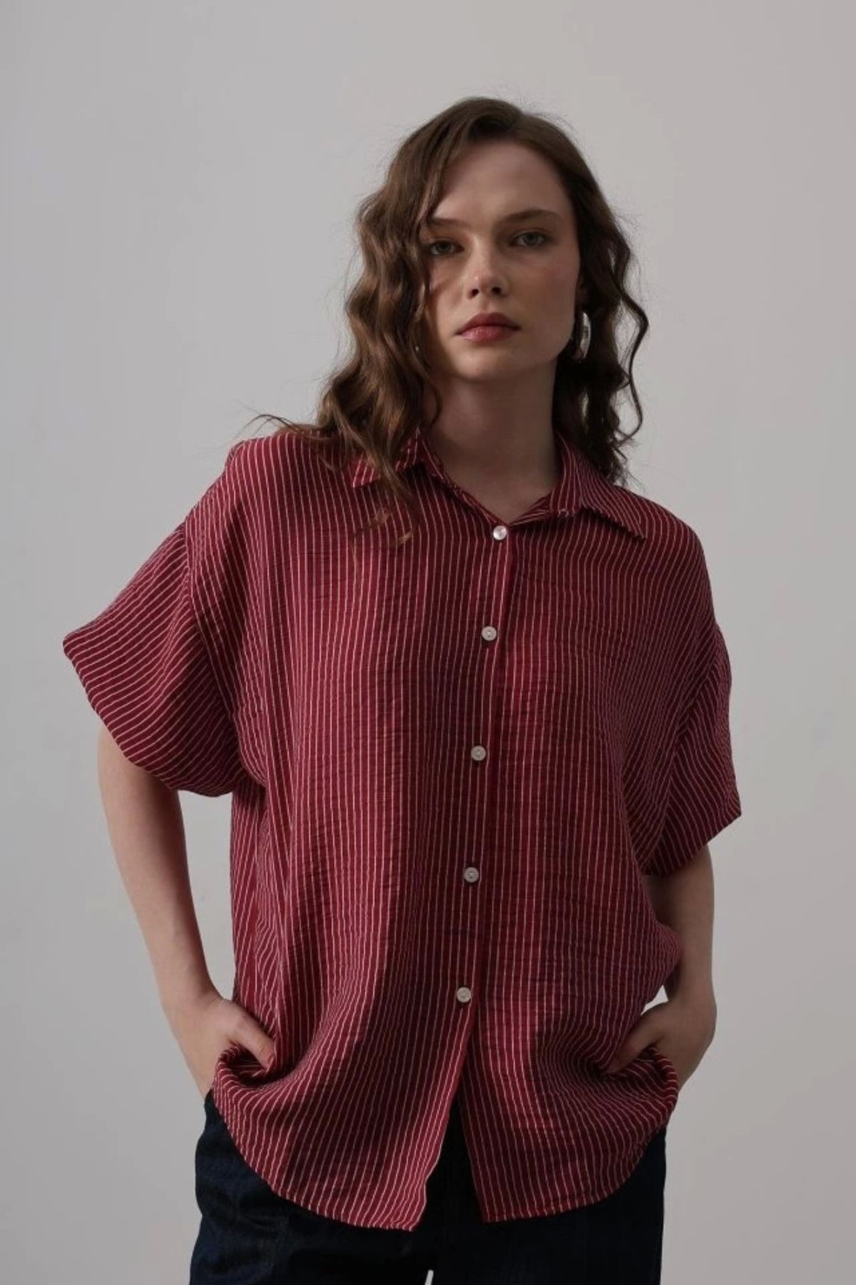 Butik Yarım Balon Kol Çizgili Gömlek - Bordo