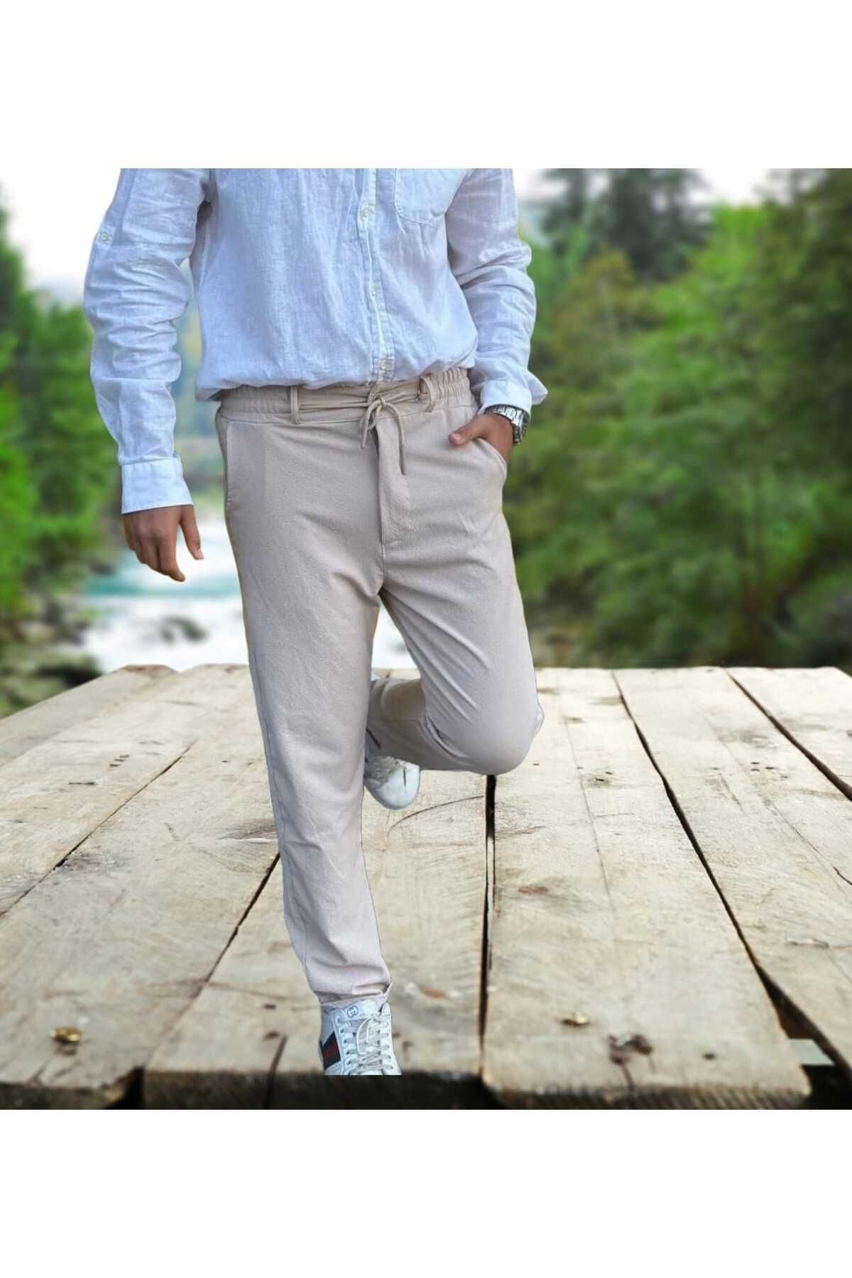 MODA Erkek Beli Lastikli Yarım Kemer Gofre Kumaş Pantolon