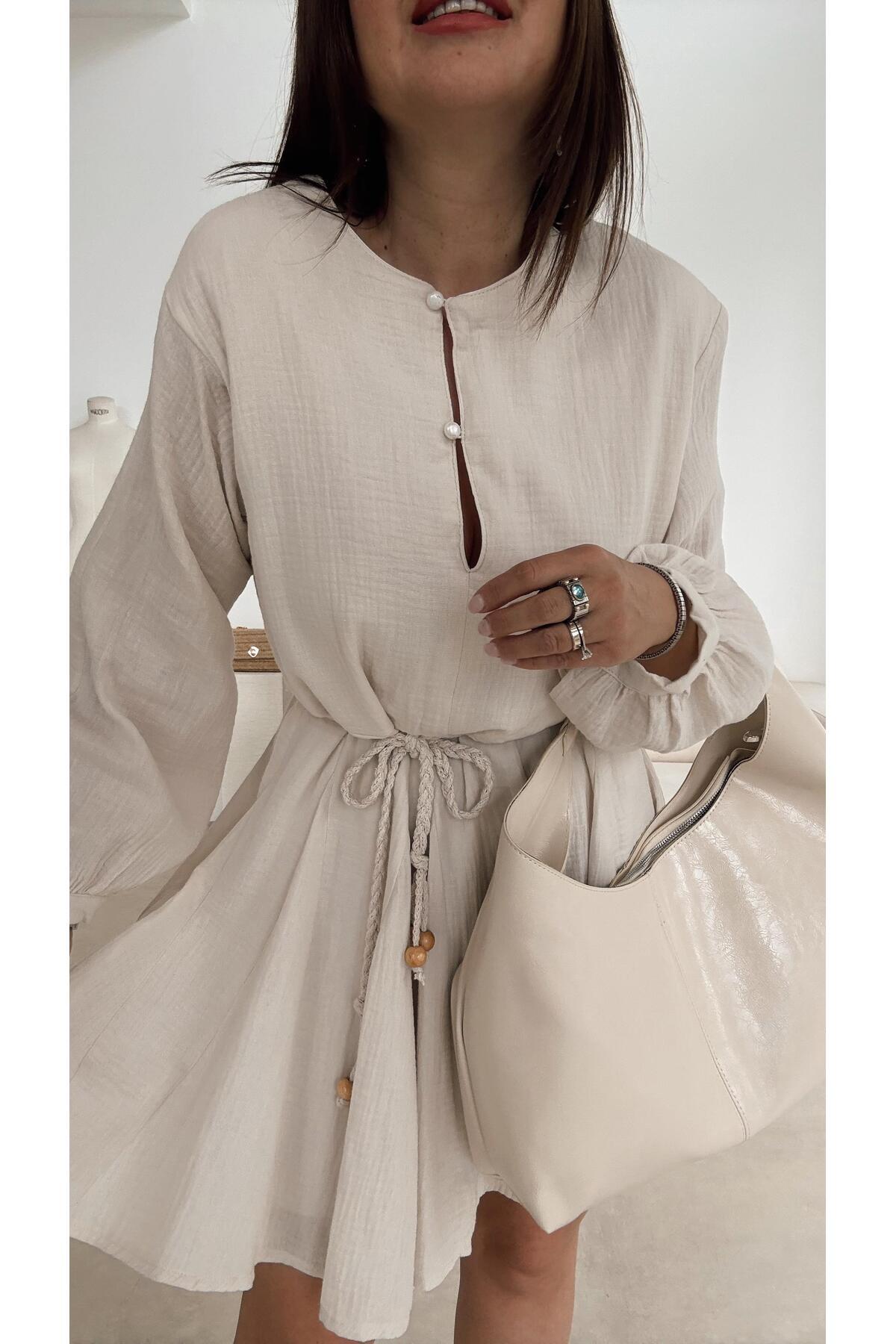 ELVAN TOLON-Muslin Beige Dress 5