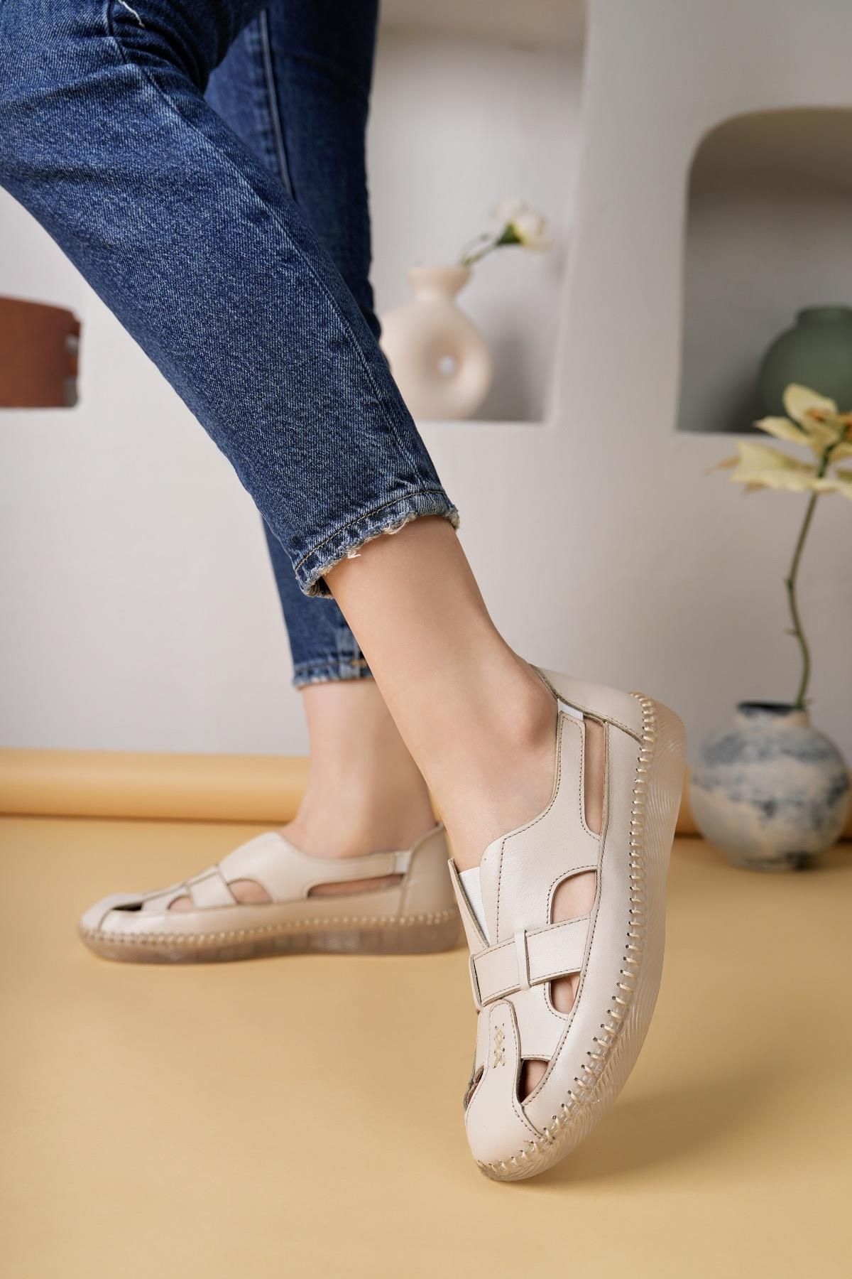 Nesil Shoes Syg P73 Krem Hakiki Deri Şeffaf Taban Kadın Ayakkabı