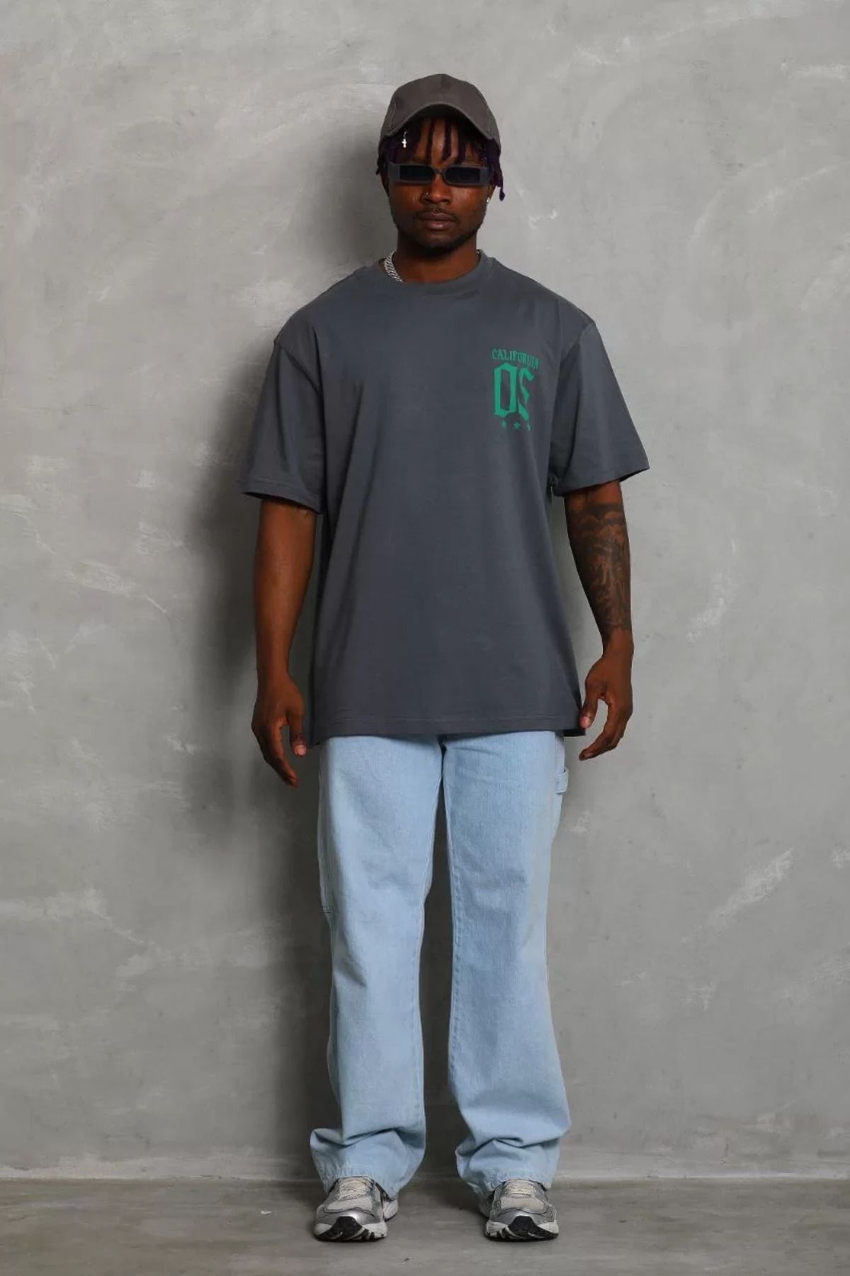 FantaziAtölyesi Unisex Oversize Baskılı Bisiklet Yaka T-Shirt - Füme