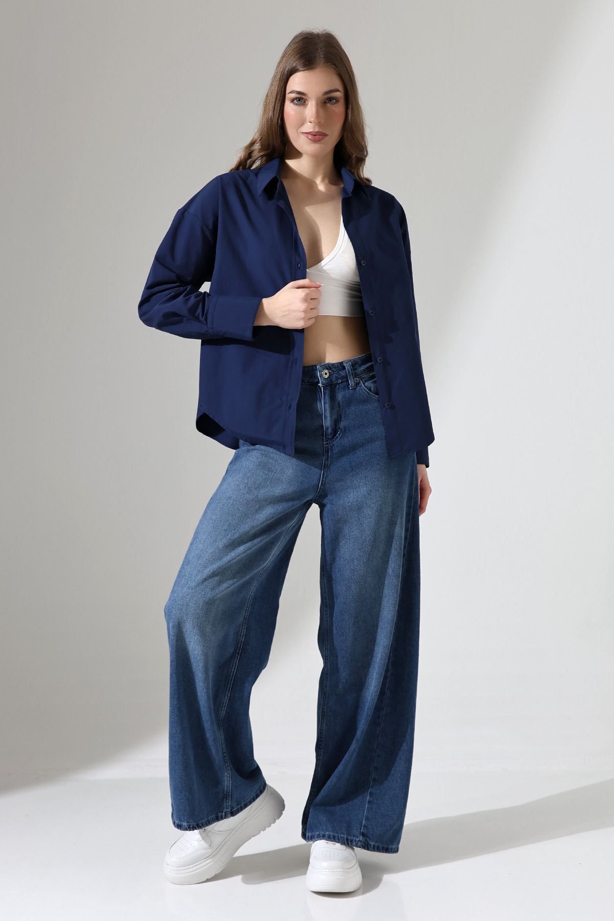 Shop58 Kadın Gömlek Lacivert Renk Oversize Rahat Kesim Poplin Kumaş Gomlek
