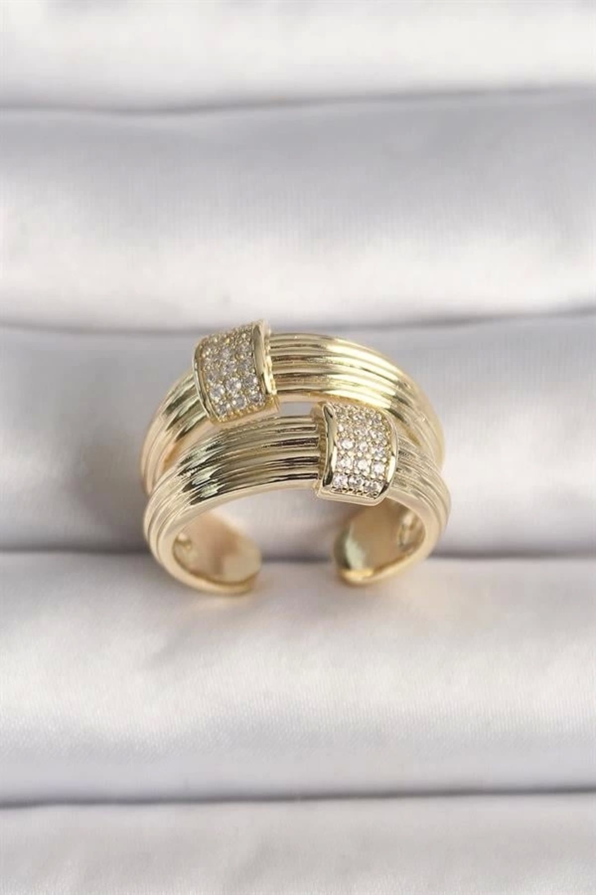 Moda Raperin Pirinç Gold Renk Ayarlanabilir Zirkon Taşlı Kadın Yüzük