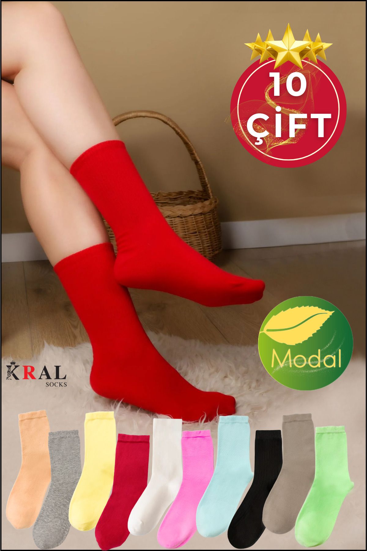 KRAL SOCKS KADIN Soket Çorap (10 ÇİFT) Likralı Pamuklu Soft Penye Uzun Çorap