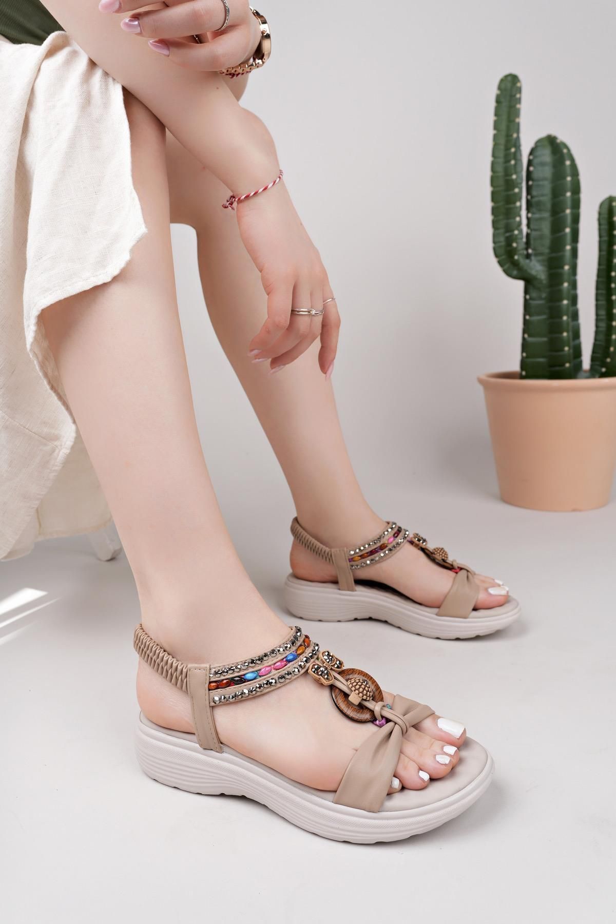 Nesil Shoes Dvm 08 Bej Masaj Tabanlı Kadın Sandalet