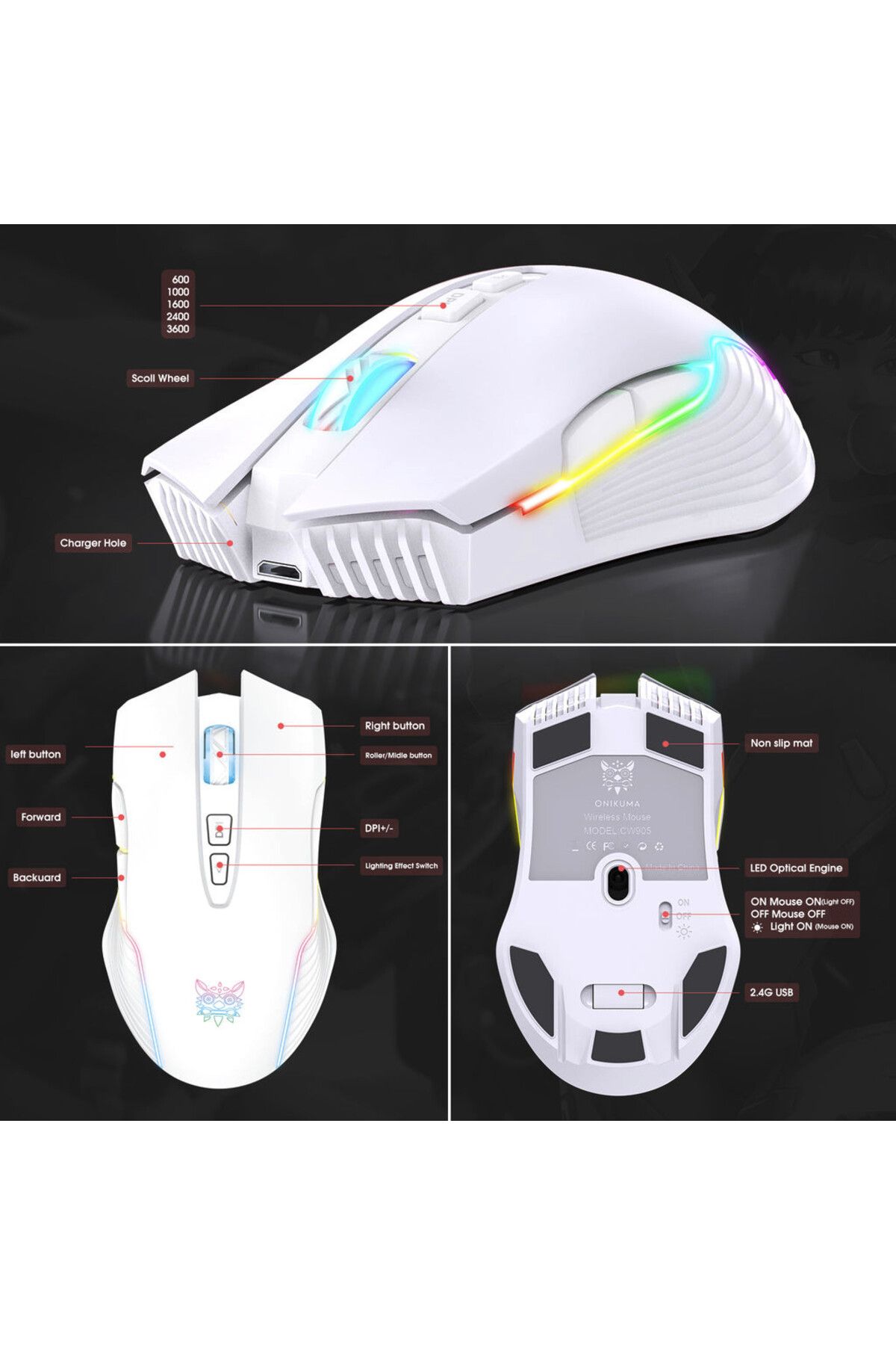 Onikuma-CW905 Mouse Gaming Wireless, 3600DPI, RGB 3