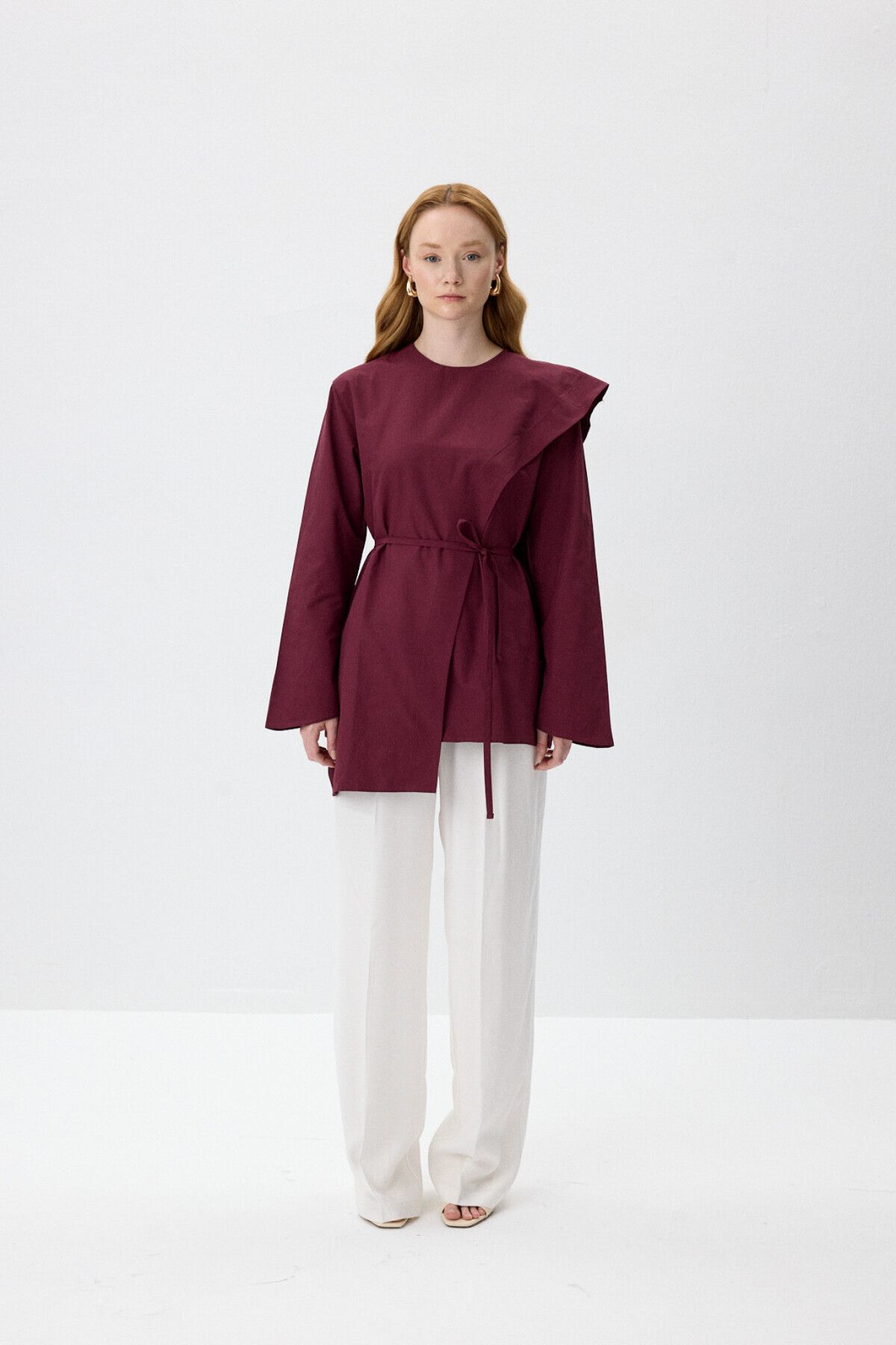 KUAD Bordo Şal Detaylı Poplin Bluz