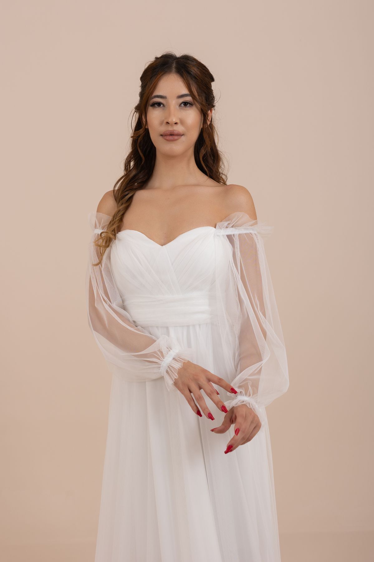 berissima bride Femina | Tül Drapeli Balon Kol Beyaz Elbise