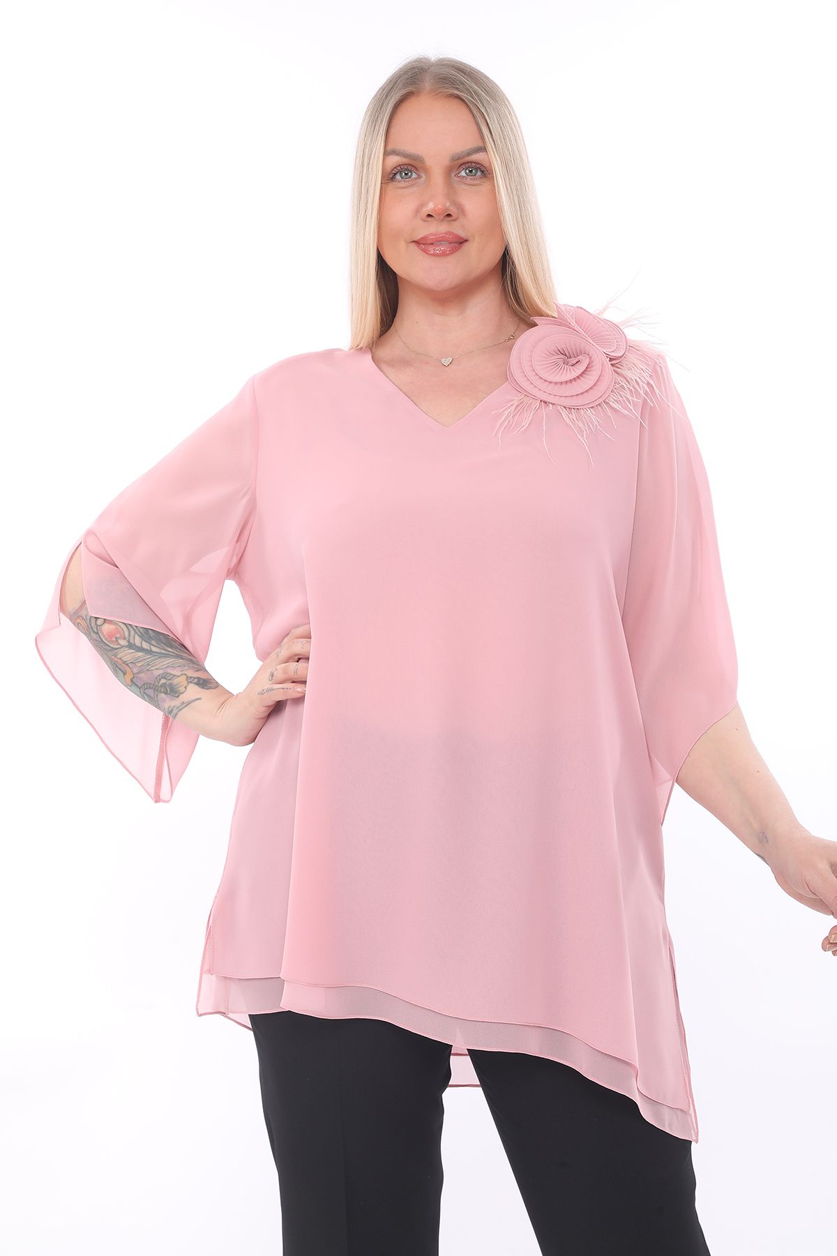 KİFAYET 22502 Tüylü Çiçek Broşlu Kısa Kol Şifon Abiye (R) (C104)
