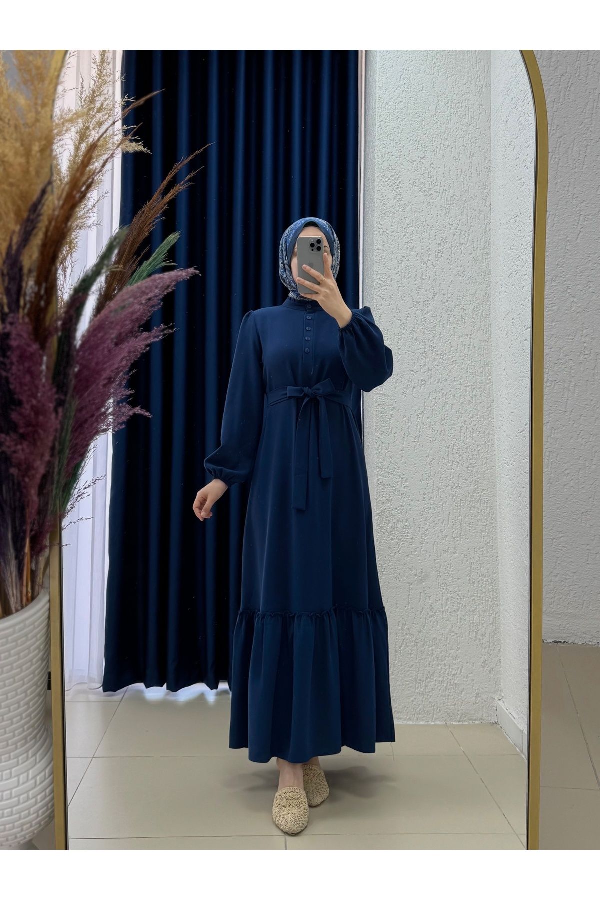 Ebrar Store Vesira Göğüs Düğme Detaylı Etek Fırfırlı Krep Elbise-PA9215 Lacivert