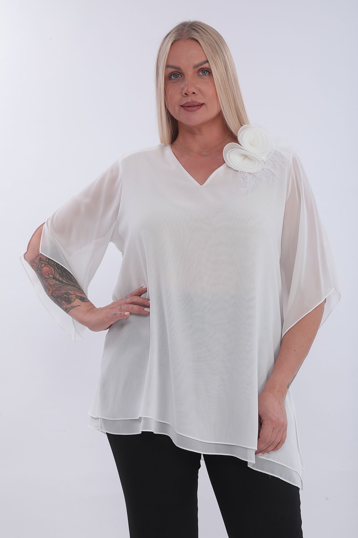 KİFAYET 22502 Tüylü Çiçek Broşlu Kısa Kol Şifon Abiye (R) (C104)
