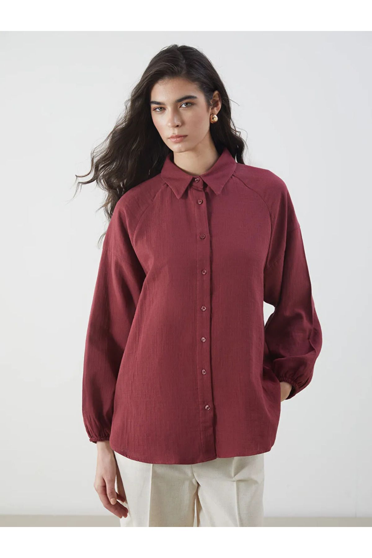LC Waikiki LCW Modest Bordo Oversize Müslin Kadın Gömlek