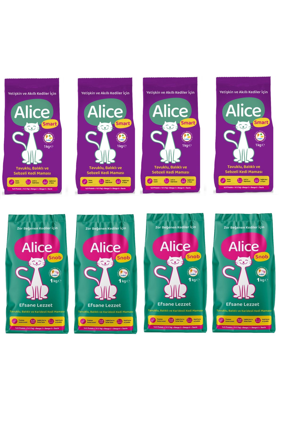 Alice Smart Kedi Maması 4x1 Kg ve Snob Kedi Maması 4x1 Kg