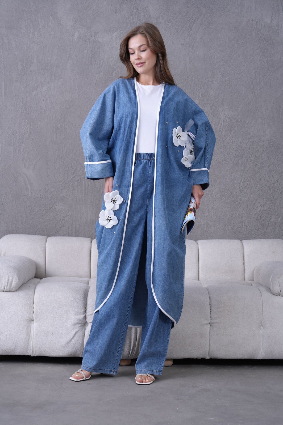 Miss Allos Kadın Önü Fiyonk Kurdeleli Çiçek İşlemeli Taş Detaylı Kot Kimono Hırka Ve Kot Pantolon Alt Üst Takım