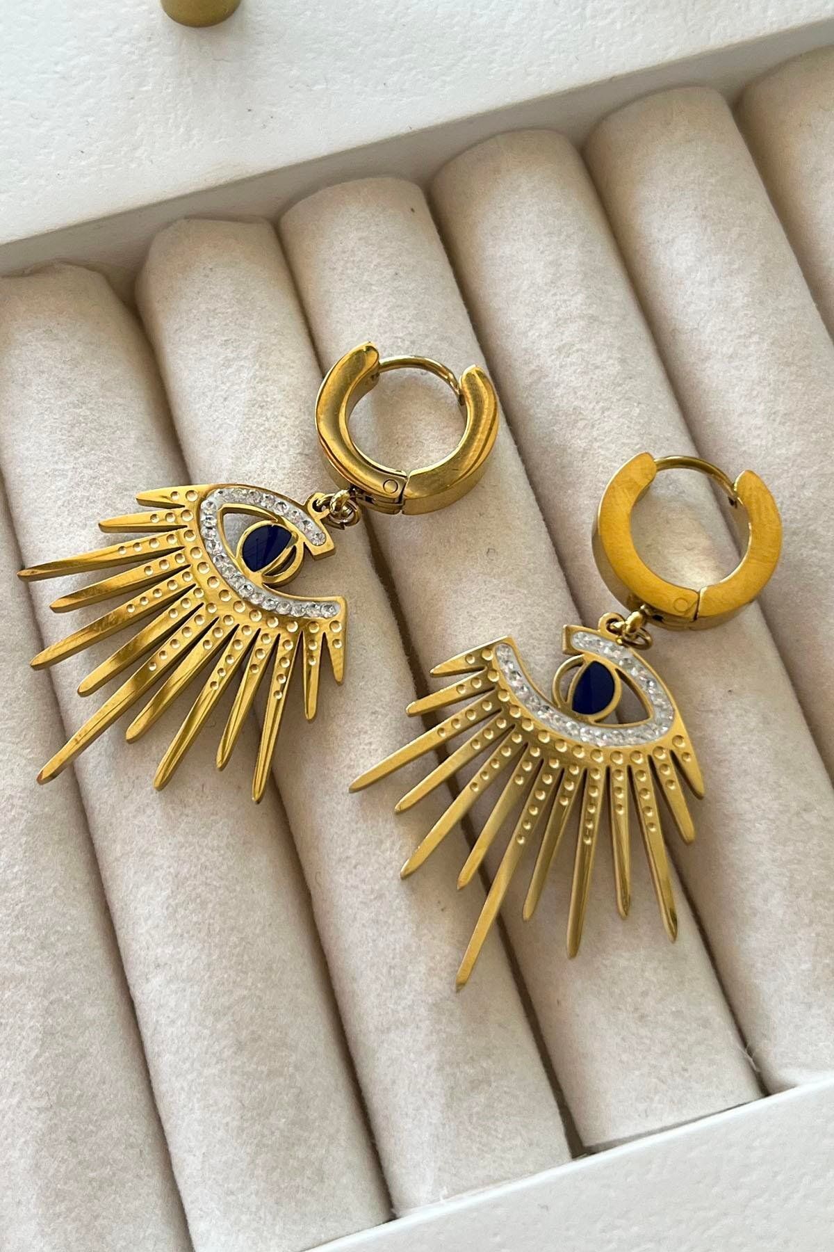 TAKIŞTIR Altın Renk Göz Detaylı Çelik Küpe (Çift)