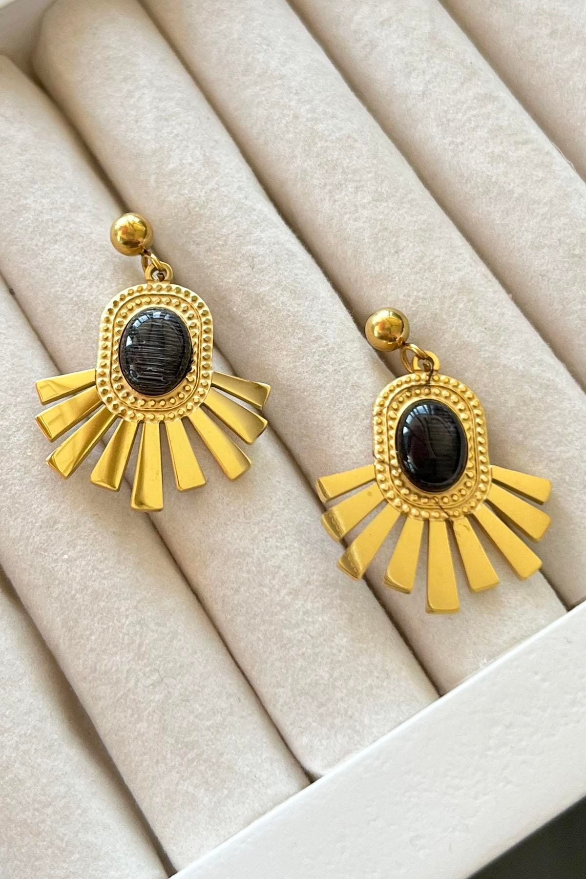 TAKIŞTIR Altın Renk Boncuk Detaylı Çelik Küpe (Çift)