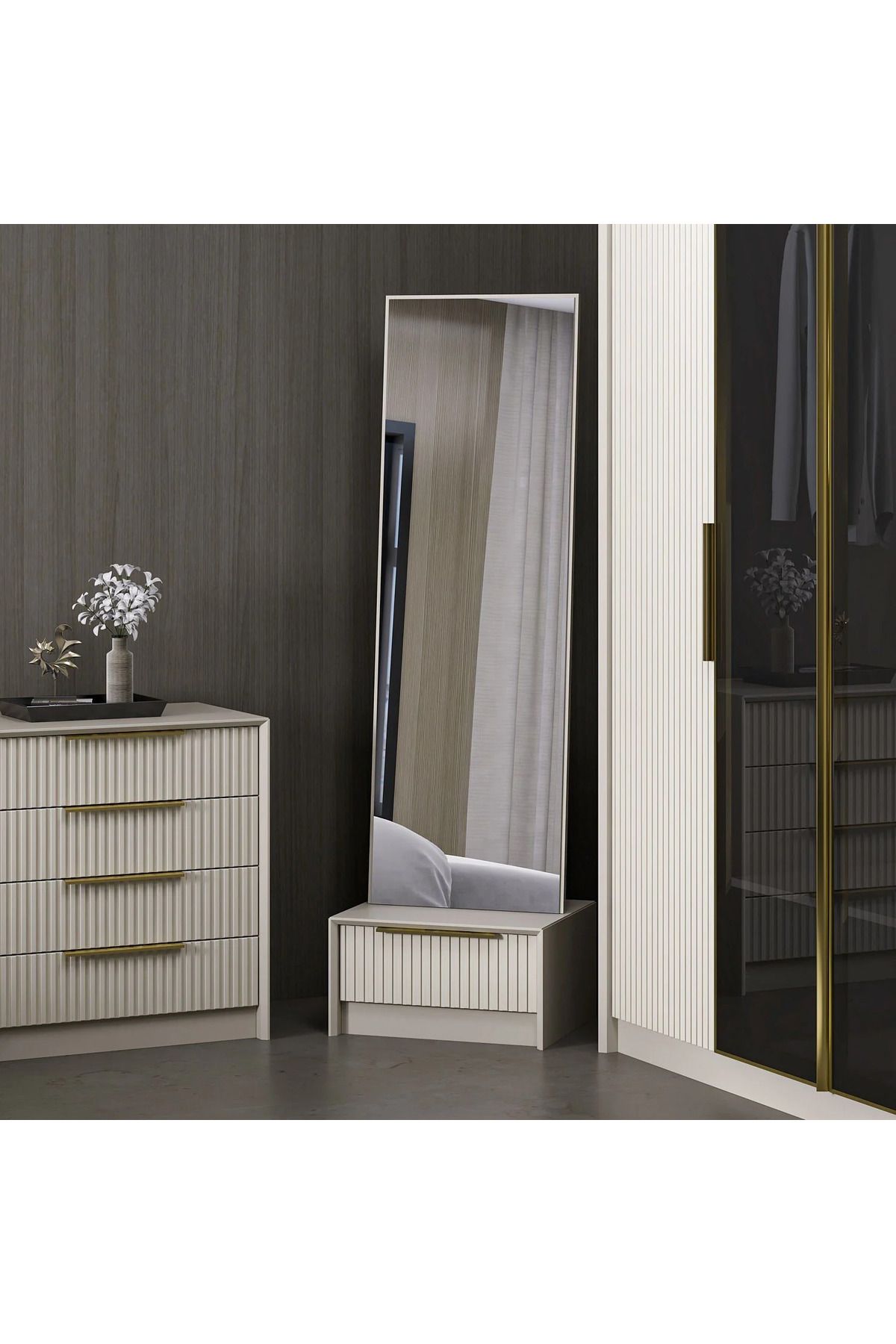 Furnitime Soft Kenarlı Mebran Kapaklı Boy Aynası - Kumtaşı Renk