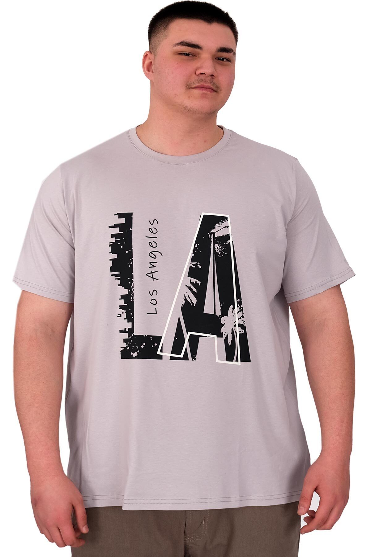 ModeXL Mode XL Büyük Beden Erkek T-Shirt Bisiklet Yaka Los Angeles U25006 Gri