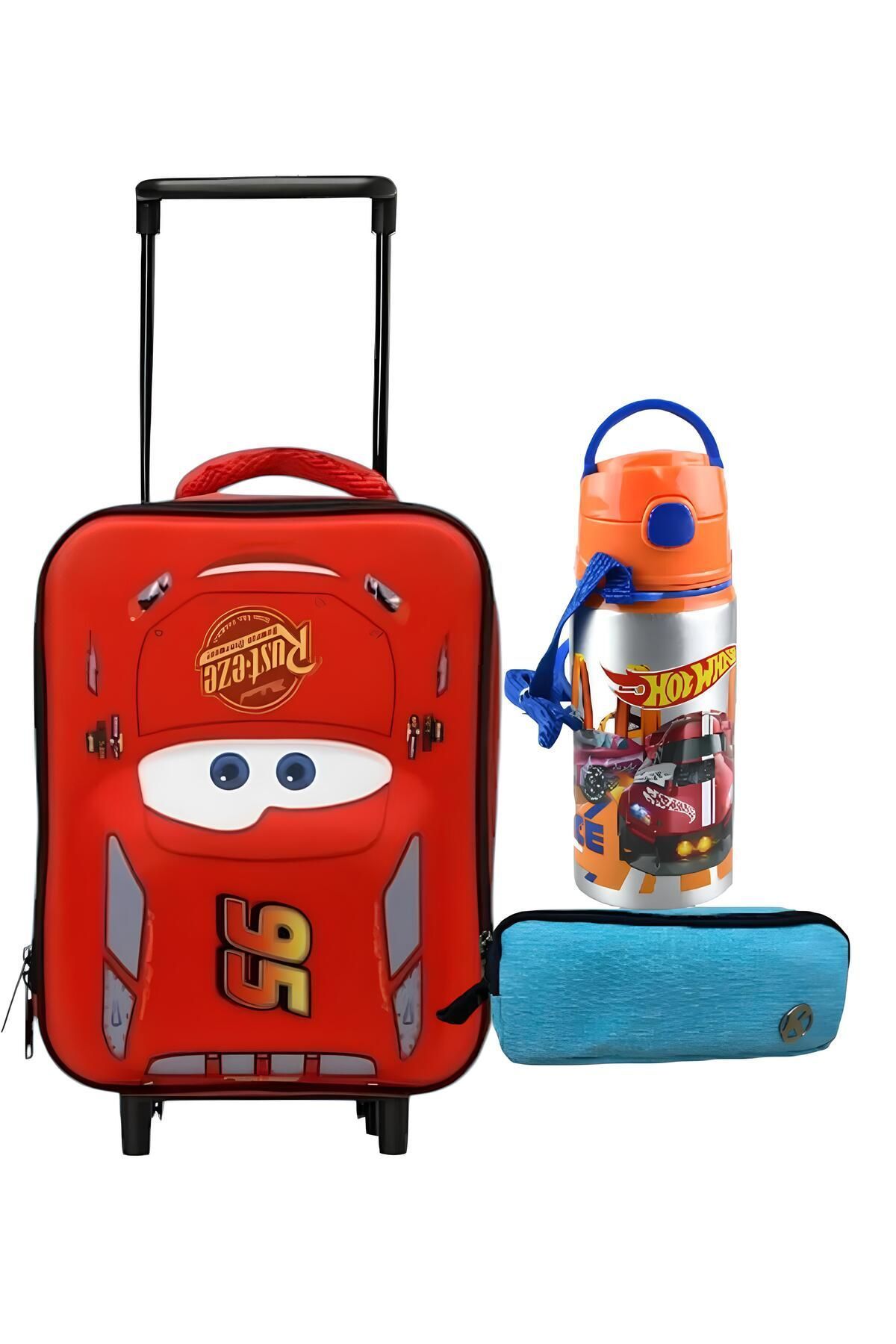 HOT WHEELS Ottonya Cars Çekçekli Anaokulu Çantası , Çift Gözlü Kalemlik - Hotwheels Aluminyum Matara Hediye