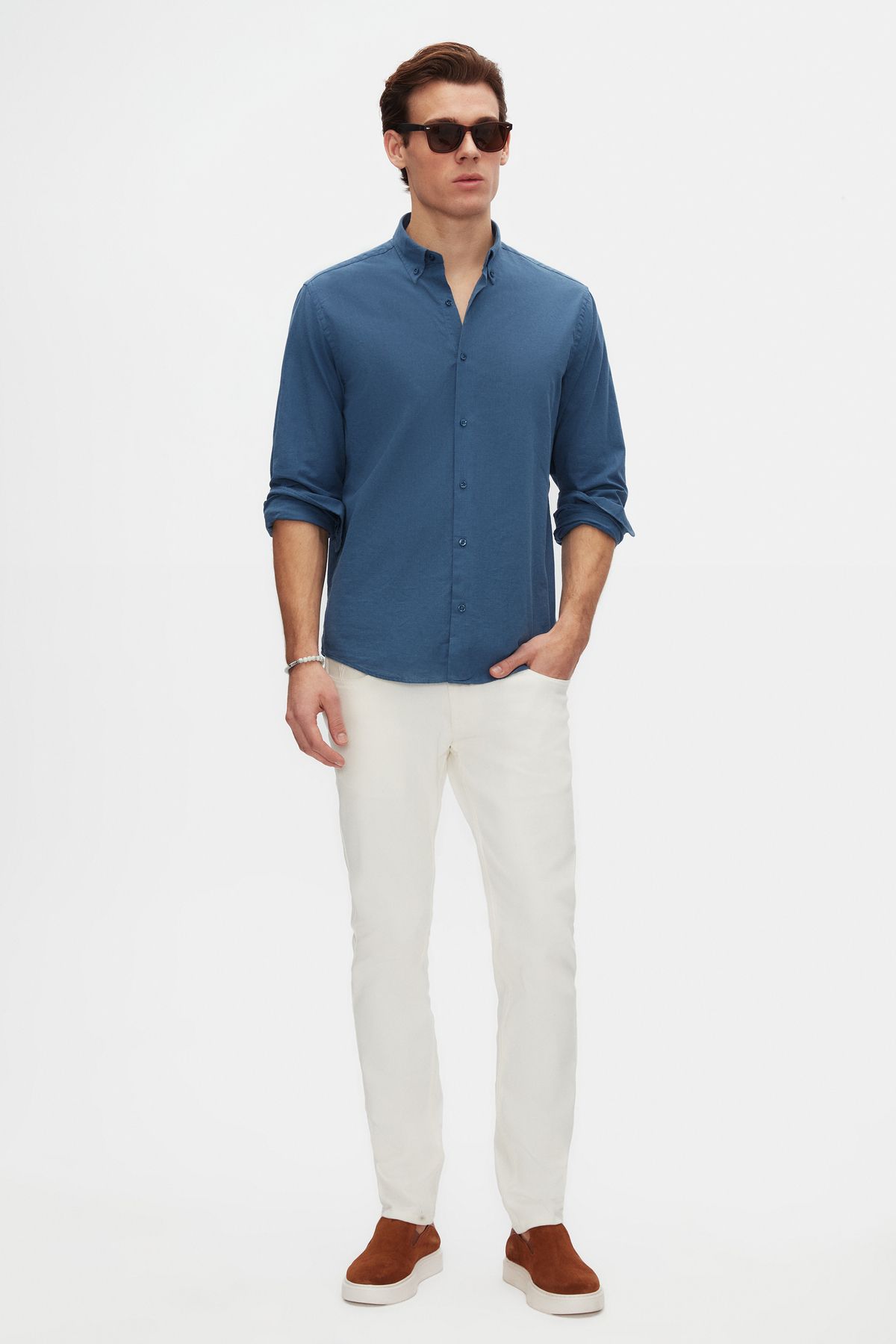 D'S Damat-Ds Damat Comfort Indigo Buttoned Collar Relaxed Cut Linen Look 100% Cotton Shirt 4
