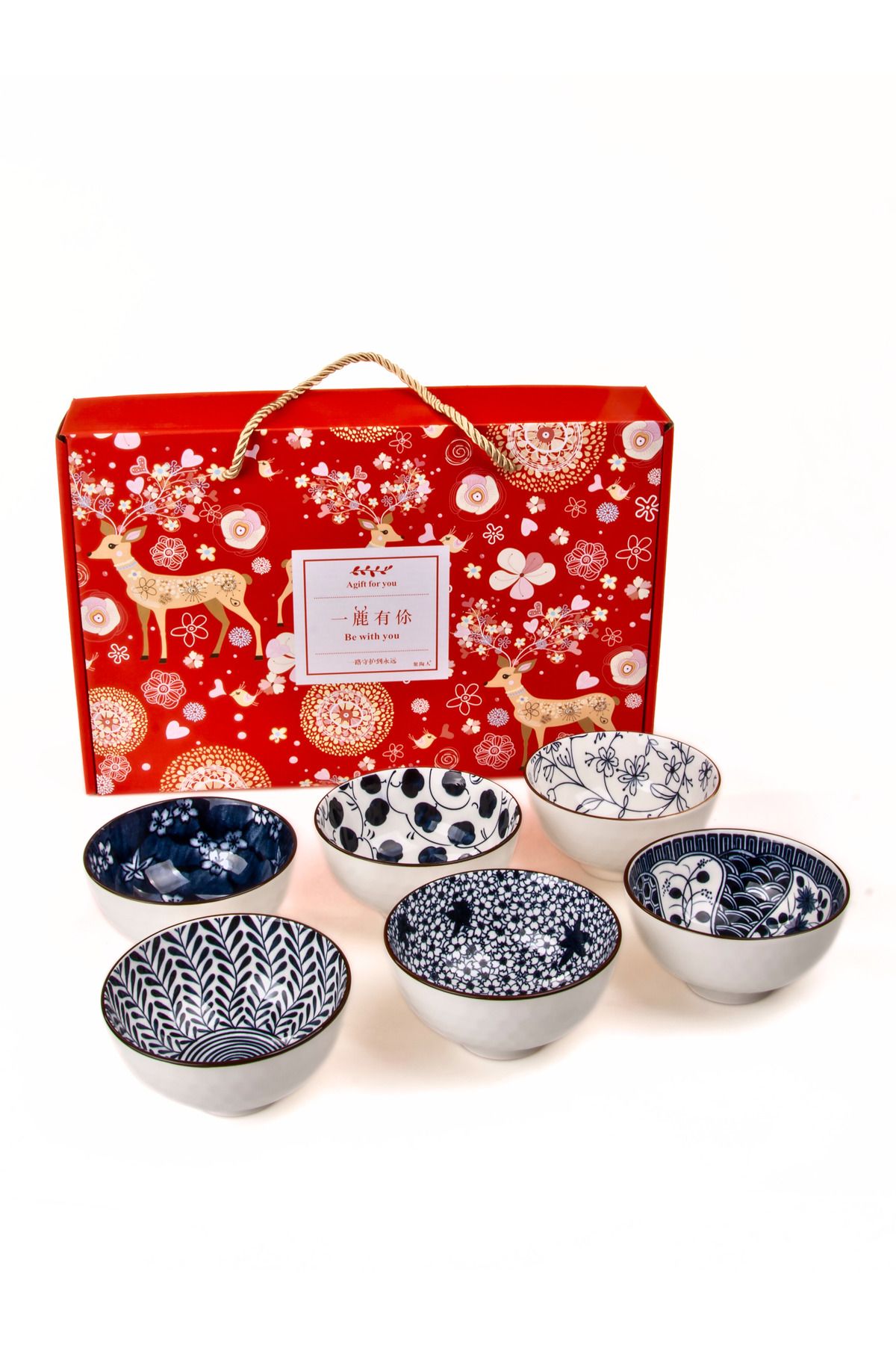 MUKKO HOME 6'lı Desenli Porselen Kase Seti 320 ml, Çorbalık, Kahvaltılık, Atıştırmalık Kase Hediyelik Kutulu
