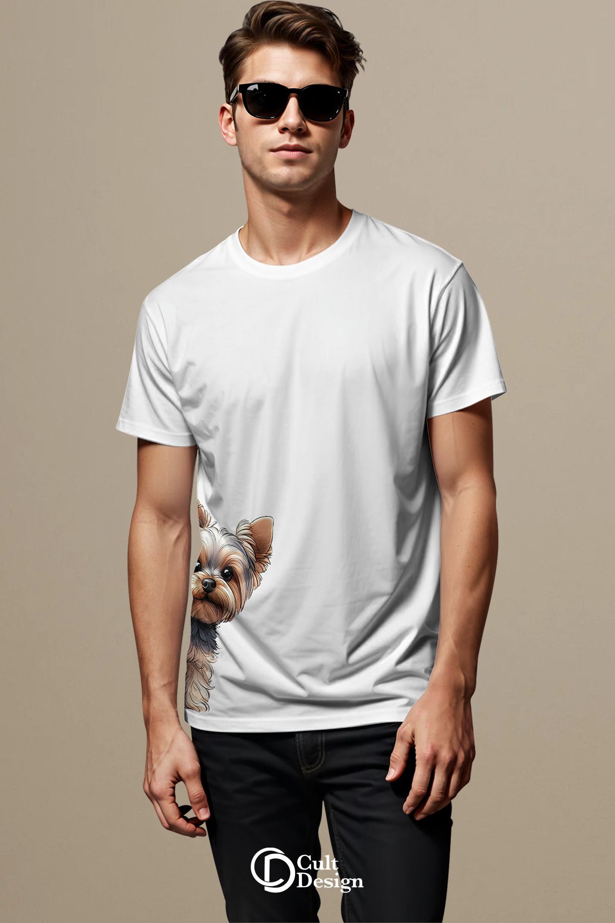 CULTDESİGN KÖPEKCİK ERKEK Özel Premium Baskılı Basic, Organik Pamuklu, Bisiklet Yaka T-Shirt