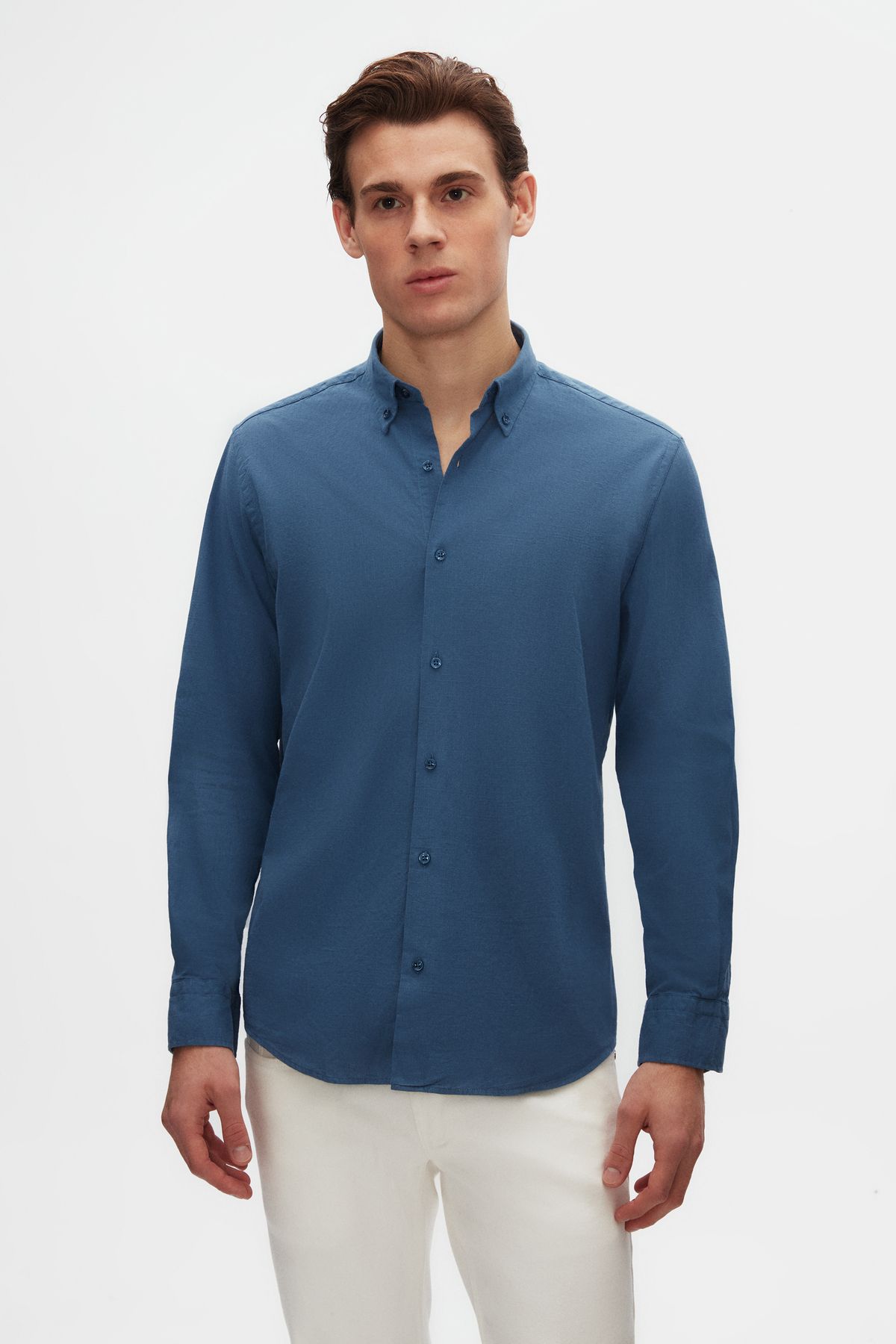 D'S Damat-Ds Damat Comfort Indigo Buttoned Collar Relaxed Cut Linen Look 100% Cotton Shirt 1