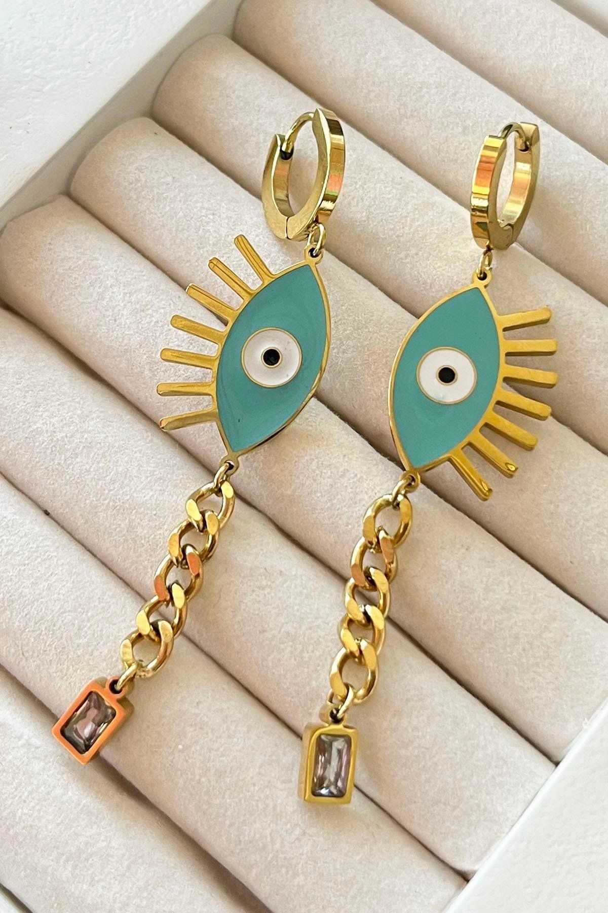 TAKIŞTIR Altın Renk Göz Detaylı Çelik Küpe (Çift)
