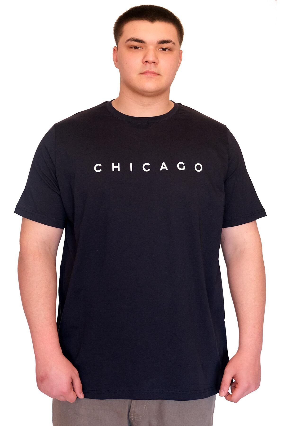 ModeXL Mode XL Büyüük Beden Erkek T-Shirt Bisiklet Yaka CHICAGO baskılı U25010 Lacivert