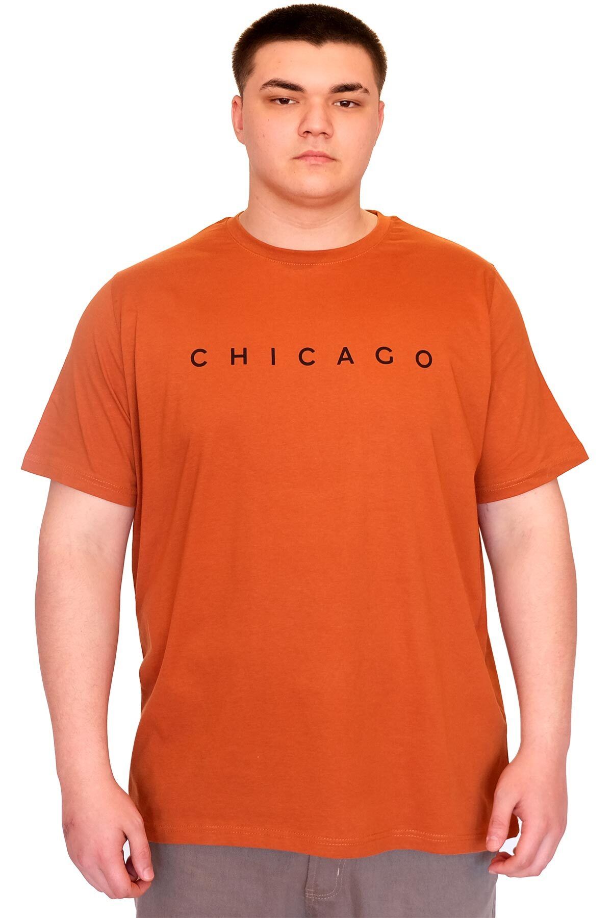 ModeXL Mode XL Büyük Beden Erkek T-Shirt Bisiklet Yaka CHICAGO baskılı U25010 Tarçın