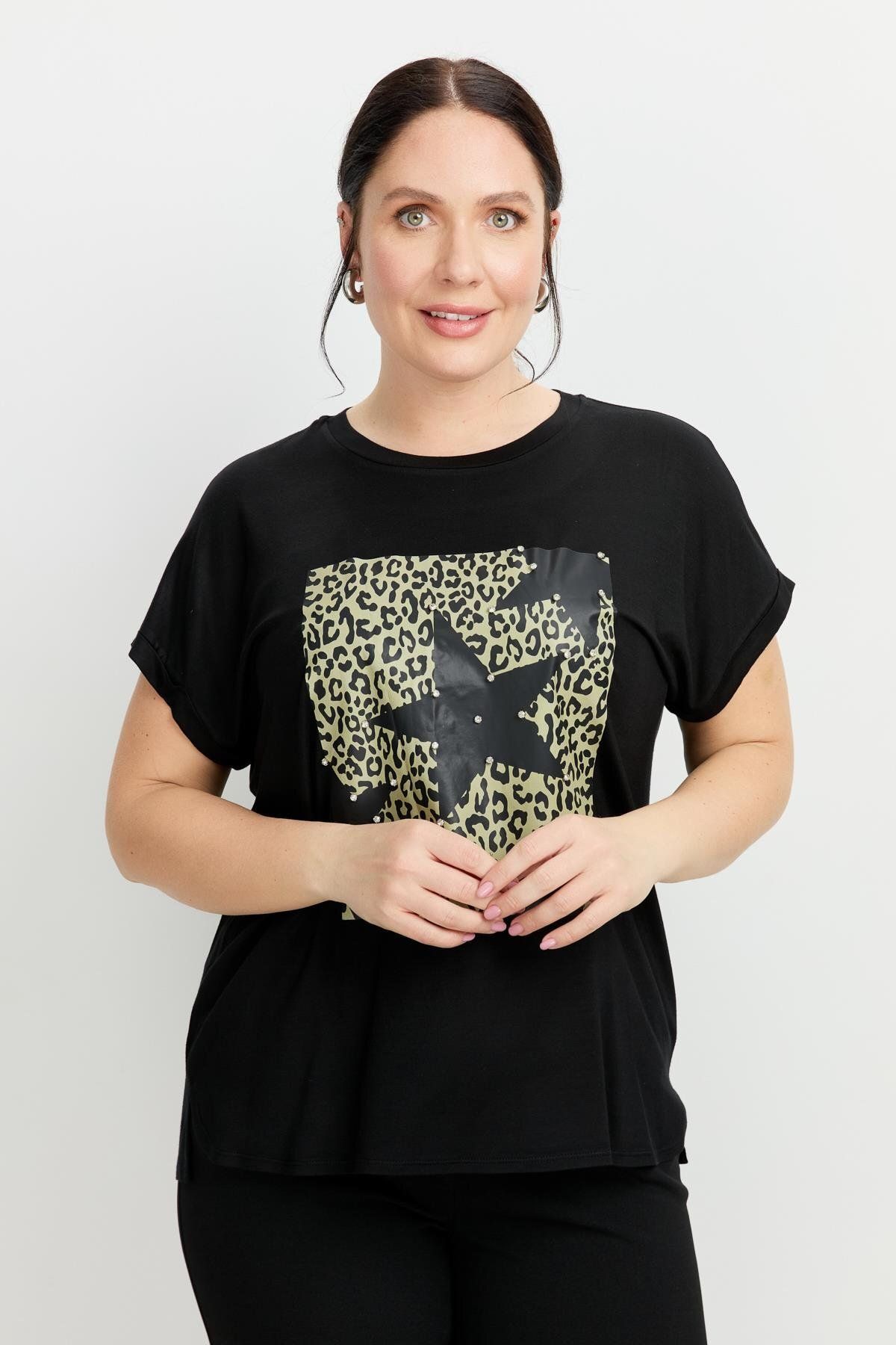 accort Büyük Beden Leopar Baskı Bluz-SİYAH
